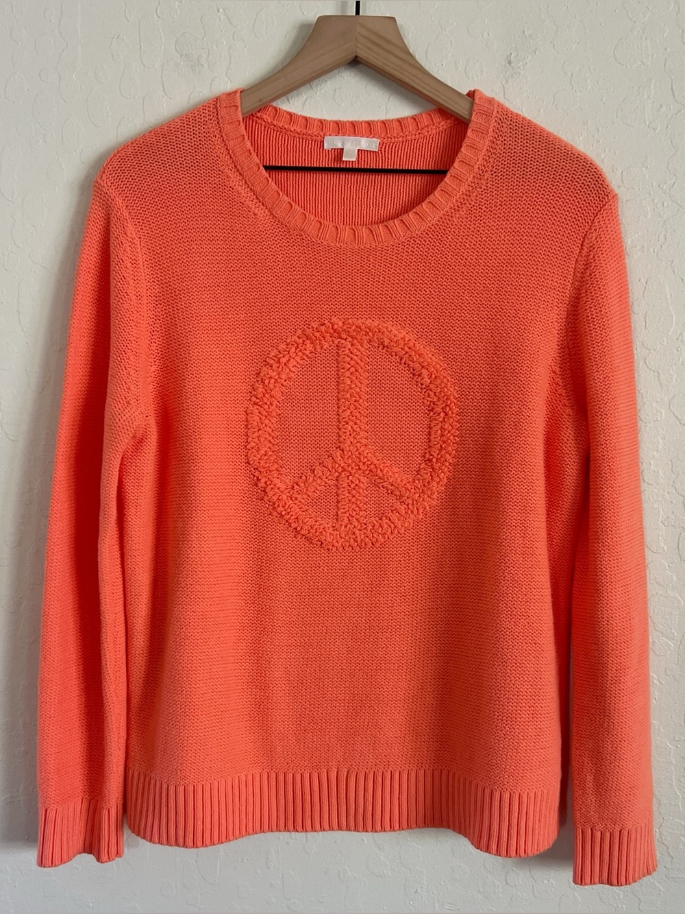 Lisa Todd Loopy Stitch Peace Sign Crewneck Cotton Sweater Medium Orange Fizz